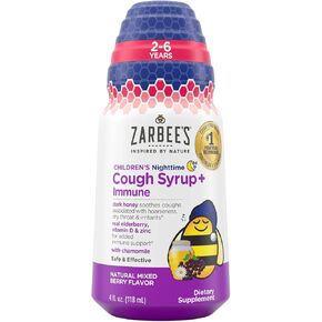 Zarbee's Kids Cough + Immune Nighttime for Children 2-6 with Dark Honey, Vitamin D & Zinc, #1 Pediatrician Recommended, Drug & Alcohol-Free, Mixed Berry Flavor, 4FL Oz