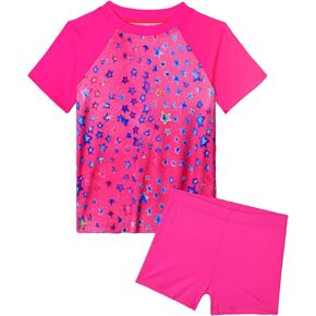 Girl Swimsuits 2 Pieces Multicolor Short Short Sleeve Quick Dry Durable Rash Guard Set with Shorts