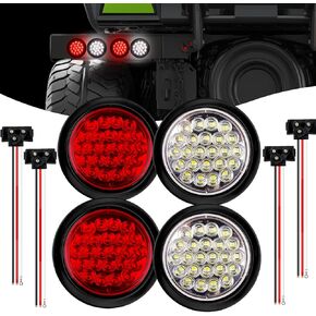 4 PCS 4 Inch Red Led Round Trailer Tail Lights, Led Backup Lights for Trucks RV, W/Lights Grommets 3 Pin Trailer Wire 12V (2 Red+2 White)