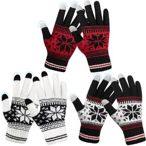 YSense 3 Pairs Touch Screen Gloves Snow Flower, Warm Knit Winter Gloves Christmas Gifts Stocking Stuffers for Women Gifts