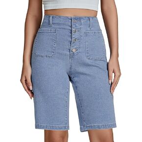 luvamia Bermuda Shorts for Women Jean High Waisted Trendy Patch Pockets Casual Summer Button Fly Stretchy Denim Shorts