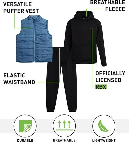 RBX Boys' Joggers Set - 3 Piece Fleece Pullover Hoodie, Jogger Pants, and Puffer Vest - Active Tracksuit Set for Boys (4-12) in Kuwait