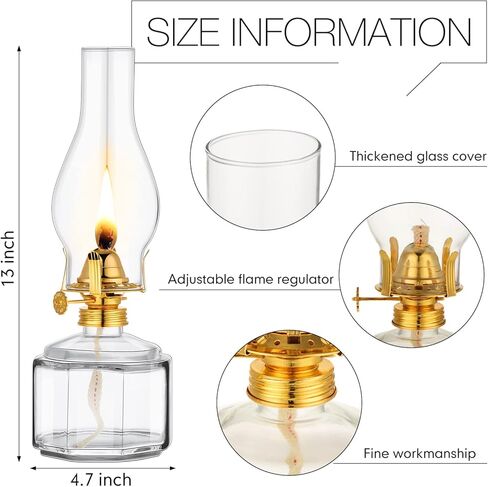2 Pieces Chamber Oil Lamp Classic Kerosene Lamp Lantern Vintage Oil Lantern Decorative Clear Hurricane Lamp with Adjustable Fire Wick for Home Indoor Use, 13 Inch Height (Clear, Black) in Kuwait
