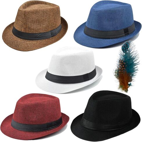5 Pack Bulk Cuban Fedora Sun Hats Men with Adjustable Strap, Short Brim 1920s Unisex Party Costume Hats Women. in Saudi Arabia