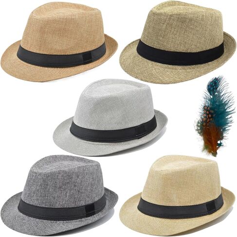 5 Pack Bulk Cuban Fedora Sun Hats Men with Adjustable Strap, Short Brim 1920s Unisex Party Costume Hats Women. in Saudi Arabia