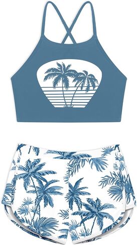 Girls Swimsuit Little Girls Tankini Swimsuit Cross Back Girls Bathing Suit with Boyshort Two Piece Kids Swimsuits in Kuwait