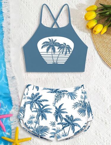 Girls Swimsuit Little Girls Tankini Swimsuit Cross Back Girls Bathing Suit with Boyshort Two Piece Kids Swimsuits in Kuwait