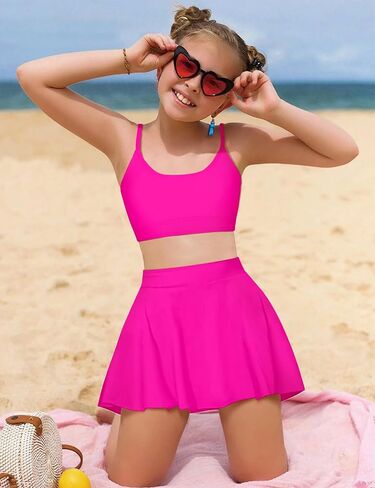 Girls Swimsuits Solid Color Bathing Suits + Pleated Skirts with Shorts 2 Piece Kids Bikini Set in Saudi Arabia