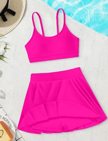 Girls Swimsuits Solid Color Bathing Suits + Pleated Skirts with Shorts 2 Piece Kids Bikini Set in Saudi Arabia