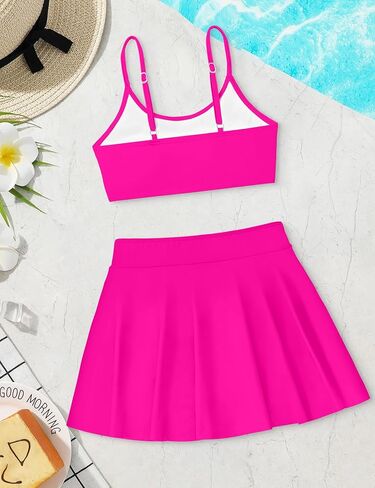 Girls Swimsuits Solid Color Bathing Suits + Pleated Skirts with Shorts 2 Piece Kids Bikini Set in Saudi Arabia