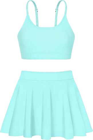 Girls Swimsuits Solid Color Bathing Suits + Pleated Skirts with Shorts 2 Piece Kids Bikini Set in Saudi Arabia