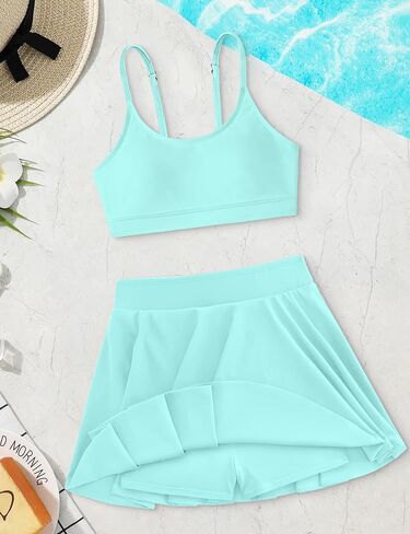 Girls Swimsuits Solid Color Bathing Suits + Pleated Skirts with Shorts 2 Piece Kids Bikini Set in Saudi Arabia