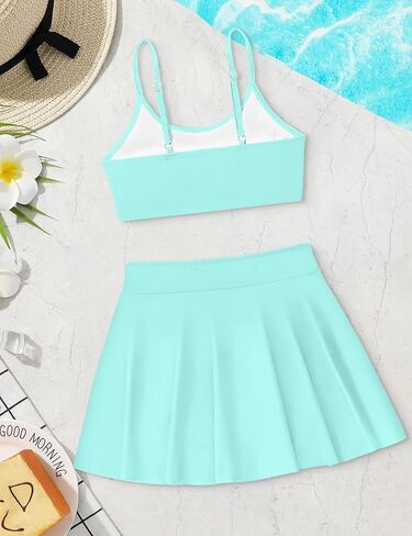 Girls Swimsuits Solid Color Bathing Suits + Pleated Skirts with Shorts 2 Piece Kids Bikini Set in Saudi Arabia
