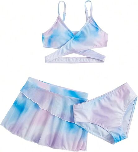 Milumia Girl's 3 Pieces Bikini Set Wrap Criss Cross Swimsuit Bathing Suit with Ruffle Beach Skirt in Saudi Arabia