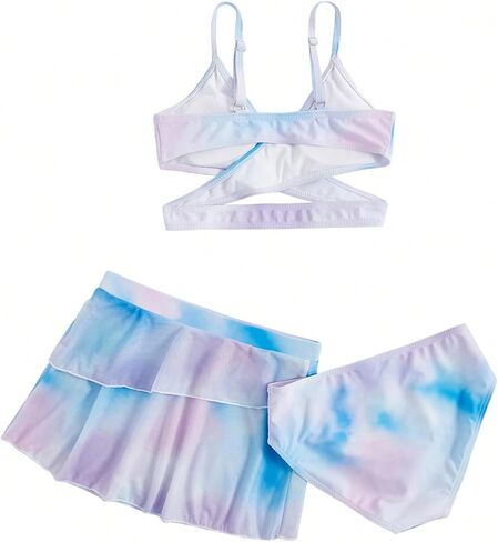 Milumia Girl's 3 Pieces Bikini Set Wrap Criss Cross Swimsuit Bathing Suit with Ruffle Beach Skirt in Saudi Arabia