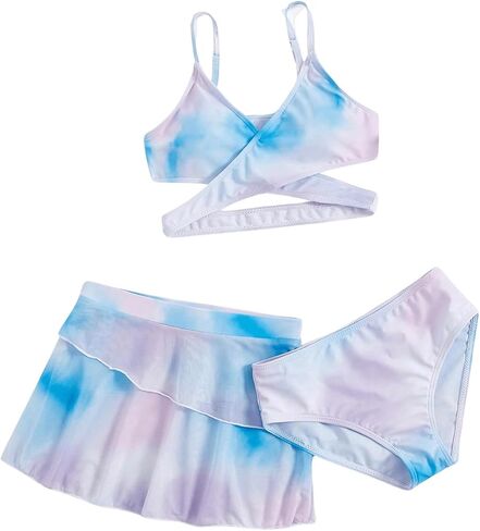 Milumia Girl's 3 Pieces Bikini Set Wrap Criss Cross Swimsuit Bathing Suit with Ruffle Beach Skirt in Saudi Arabia