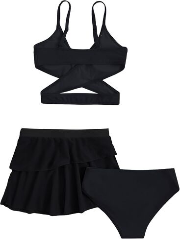 Milumia Girl's 3 Pieces Bikini Set Wrap Criss Cross Swimsuit Bathing Suit with Ruffle Beach Skirt in Saudi Arabia