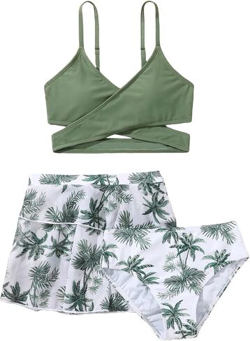 Milumia Girl's 3 Pieces Bikini Set Wrap Criss Cross Swimsuit Bathing Suit with Ruffle Beach Skirt in Saudi Arabia