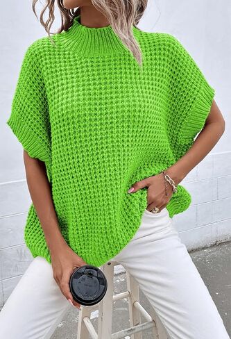 Pink Queen Women's Mock Neck Batwing Short Sleeve Loose Oversized Knit Pullover Sweater Jumper Tops in Kuwait