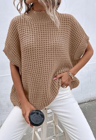 Pink Queen Women's Mock Neck Batwing Short Sleeve Loose Oversized Knit Pullover Sweater Jumper Tops in Kuwait