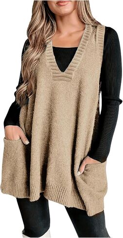 SOLY HUX Women's Plus Size Sweater Vest V Neck Sleeveless Loose Fit Knit Pullover Tank Tops with Pockets in Kuwait