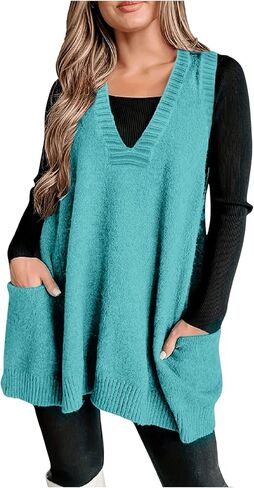 SOLY HUX Women's Plus Size Sweater Vest V Neck Sleeveless Loose Fit Knit Pullover Tank Tops with Pockets in Kuwait
