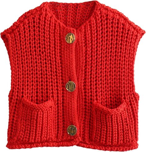 YKR Womens Chunky Knit Sweater Vest Sleeveless Button Down Cropped Cardigan Casual Knitted Crochet Vest with Pockets in Kuwait