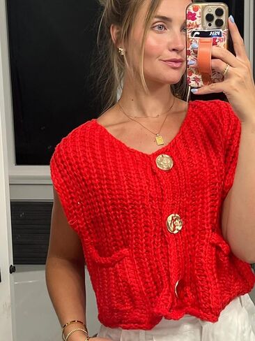 YKR Womens Chunky Knit Sweater Vest Sleeveless Button Down Cropped Cardigan Casual Knitted Crochet Vest with Pockets in Kuwait