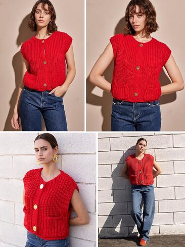 YKR Womens Chunky Knit Sweater Vest Sleeveless Button Down Cropped Cardigan Casual Knitted Crochet Vest with Pockets in Kuwait