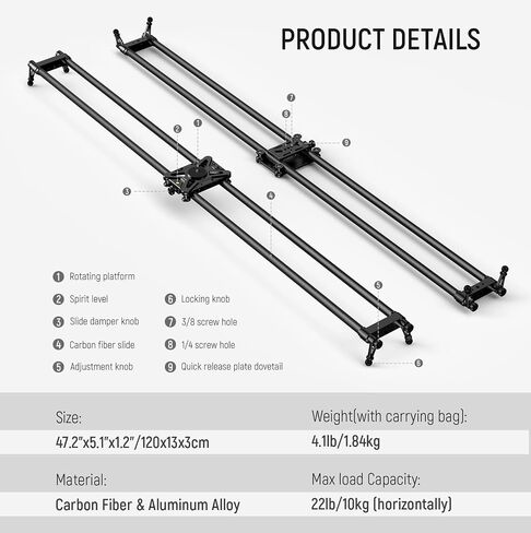 NEEWER 47.2in/120cm Carbon Fiber Camera Slider, Dolly Rail Track with Thicker Tube and More Stable Support, 4 Precise Smooth Bearings and Levelling for DSLR Camera Camcorder, Max Load 22lb, CS120CM in Saudi Arabia