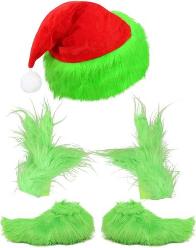 Green Big Monster Gloves Furry Hands Monster Shoe Covers Santa Hat Christmas Costume Prop Halloween Accessories Gifts in Saudi Arabia
