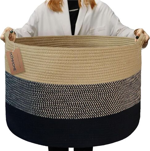 سلة MXMHOME كبيرة من الحبال القطنية، مقاس 23.6 بوصة × 23.6 بوصة × 14.1 بوصة، لتخزين بطانية غرفة المعيشة المنسوجة للأطفال مع مقبض، سلة حضانة، سلة تخزين ألعاب ناعمة، وسائد مريحة، سلة خيط in Kuwait