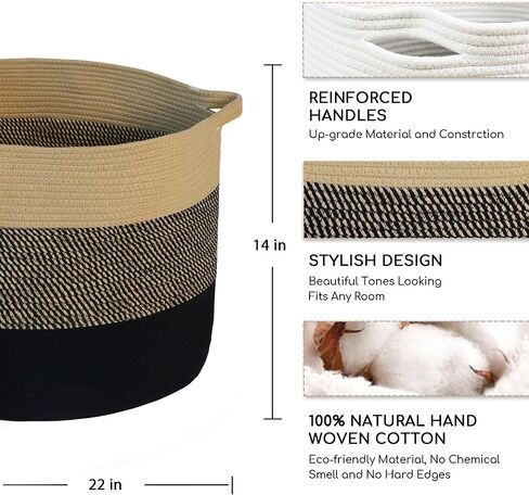 سلة MXMHOME كبيرة من الحبال القطنية، مقاس 23.6 بوصة × 23.6 بوصة × 14.1 بوصة، لتخزين بطانية غرفة المعيشة المنسوجة للأطفال مع مقبض، سلة حضانة، سلة تخزين ألعاب ناعمة، وسائد مريحة، سلة خيط in Kuwait