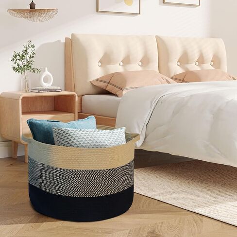 سلة MXMHOME كبيرة من الحبال القطنية، مقاس 23.6 بوصة × 23.6 بوصة × 14.1 بوصة، لتخزين بطانية غرفة المعيشة المنسوجة للأطفال مع مقبض، سلة حضانة، سلة تخزين ألعاب ناعمة، وسائد مريحة، سلة خيط in Kuwait