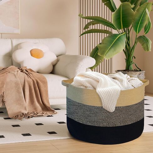 سلة MXMHOME كبيرة من الحبال القطنية، مقاس 23.6 بوصة × 23.6 بوصة × 14.1 بوصة، لتخزين بطانية غرفة المعيشة المنسوجة للأطفال مع مقبض، سلة حضانة، سلة تخزين ألعاب ناعمة، وسائد مريحة، سلة خيط in Kuwait