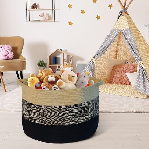 سلة MXMHOME كبيرة من الحبال القطنية، مقاس 23.6 بوصة × 23.6 بوصة × 14.1 بوصة، لتخزين بطانية غرفة المعيشة المنسوجة للأطفال مع مقبض، سلة حضانة، سلة تخزين ألعاب ناعمة، وسائد مريحة، سلة خيط in Kuwait