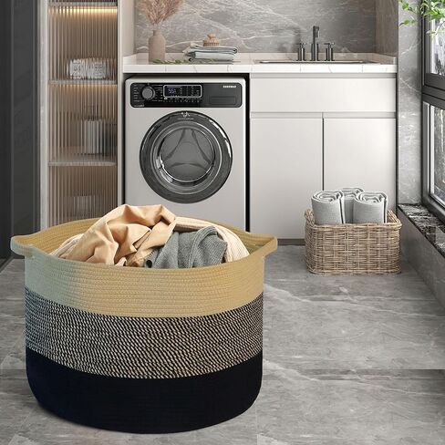 سلة MXMHOME كبيرة من الحبال القطنية، مقاس 23.6 بوصة × 23.6 بوصة × 14.1 بوصة، لتخزين بطانية غرفة المعيشة المنسوجة للأطفال مع مقبض، سلة حضانة، سلة تخزين ألعاب ناعمة، وسائد مريحة، سلة خيط in Kuwait