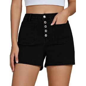 luvamia Jean Shorts Womens High Waisted Trendy Button Fly Patch Pocket Side Split Casual Summer Stretchy Denim Shorts