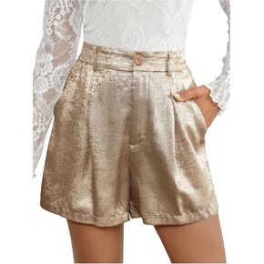 OYOANGLE Women's Metallic Shiny Straight Leg Shorts Elastic High Waist Party Rave Shorts with Pocket