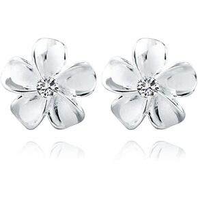 Reffeer Solid 925 Sterling Silver Plumeria Flower Stud Earrings for Women Teens Crystal Flower Stud Earrings