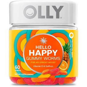 OLLY Hello Happy Gummy Worms, Mood Balance Support, Vitamin D, Saffron, Adult Chewable Supplement, Tropical Zing - 60 Count