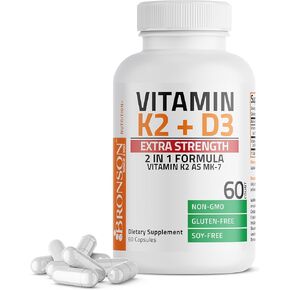 Bronson Vitamin K2 (MK7) with D3 Extra Strength Supplement Bone Health Non-GMO Formula 10,000 IU & 120 mcg MK-7 Easy to Swallow D K, 60 Capsules
