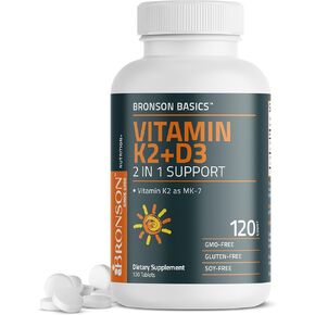 Bronson Basics Vitamin K2 D3 (MK7) Supplement Non-GMO Formula 5000IU (125 mcg) Vitamin D3 & 90 mcg Vitamin K2 MK-7 Easy to Swallow Vitamin D & K Complex, 120 Tablets