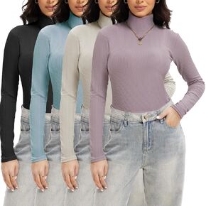 1/4 Pack Women's Ribbed Turtleneck Long Sleeve Shirts Basic Tops Fitted Stretch Sweater