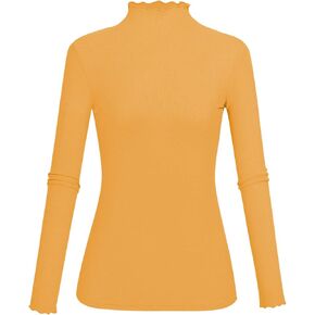 Kindcall Lightweight Ruffle Mock Neck Tops Ribbed Lettuce Trim Soft Base Layer for Women