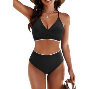 Blooming Jelly Womens Twist High Waisted Bikini Sets Plaid Retro Modest Swimsuits Adjustable 2 Piece Bathing Suits
