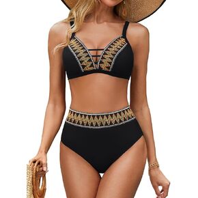 BMJL Women's High Waisted Bikini Set Hollow Out V Neck Swimsuits Color Block Two Piece Tummy Control Bathing Suits
