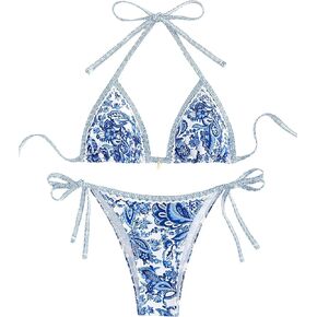 SHENHE Women's 2 Piece Halter Swimsuit Textured Tie Side Triangle Bikini Bathing Suit