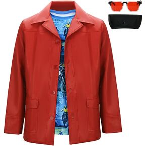 Mens Tyler Durden Red Jacket Halloween Costume Outfit Motorcycle Biker Faux Leather Coat Shirt Sunglasses Suit