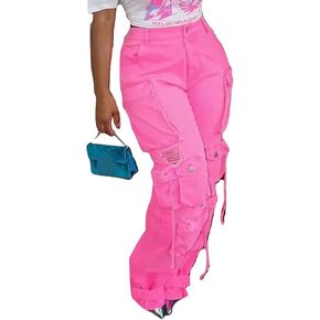 LKOUS Women's Y2K Baggy Straight Wide Leg Cargo Jeans, Streetwear High Waisted Denim Pant